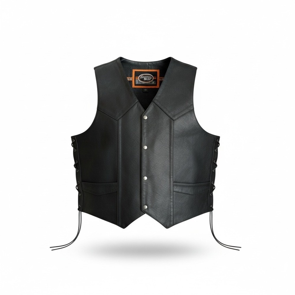 Custom Bilt Mens Black Leather Motorcycle Vest Size 4XL Side‎ Lace Snap Front